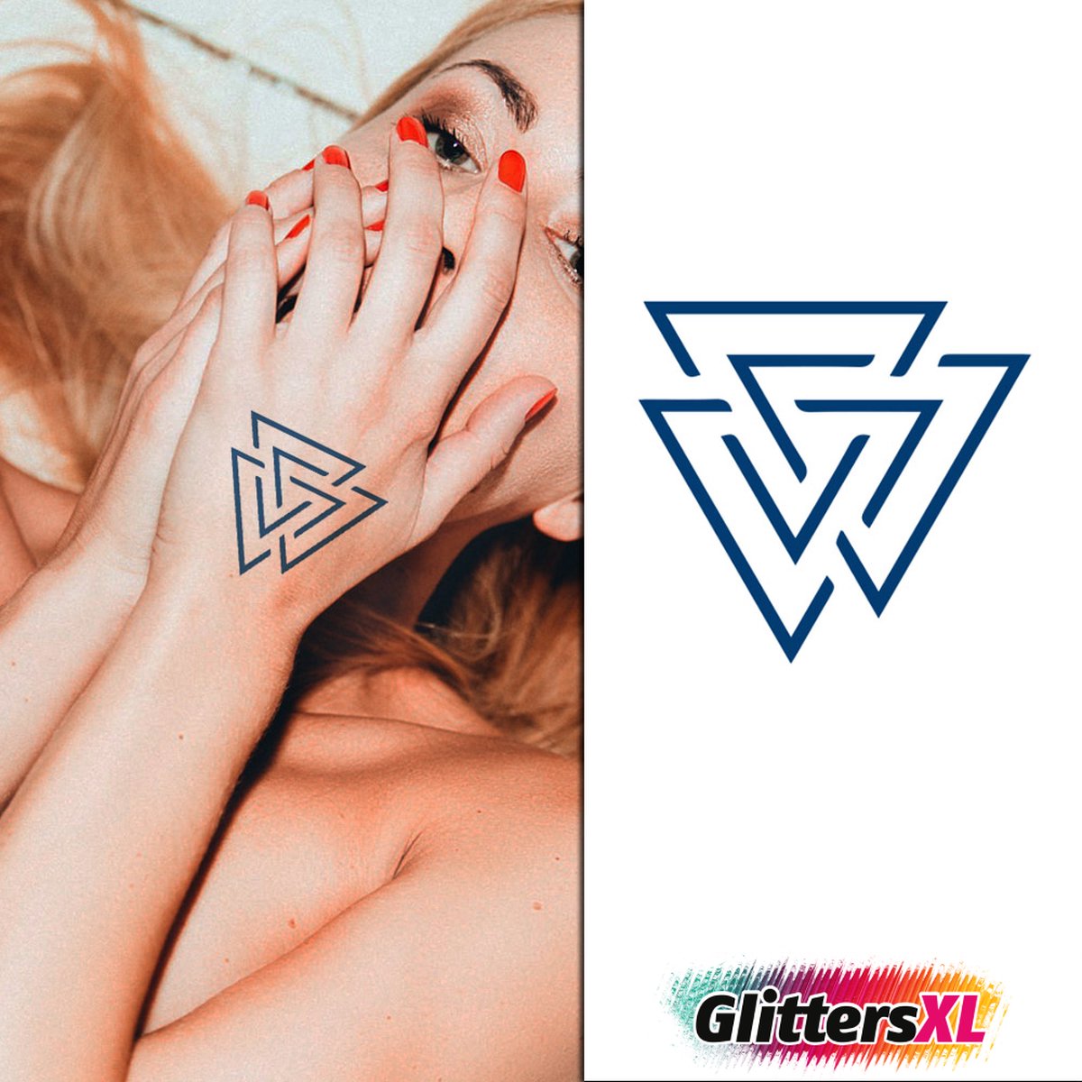 GlittersXL - Temporary Tattoo Driehoek (6x6 cm) [Semi-Permanente Neptattoo - Tijdelijke tatoeage - Nep Fake Tattoos - Water overdraagbare festival sticker henna outfit tattoo - Glitter tattoo - Volwassenen Kinderen Jongen Meisje]